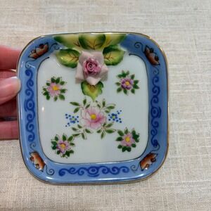 Occupied Japan Vintage Porcelain Floral Trinket Dish 3D Rose Gold Trim Square 4"